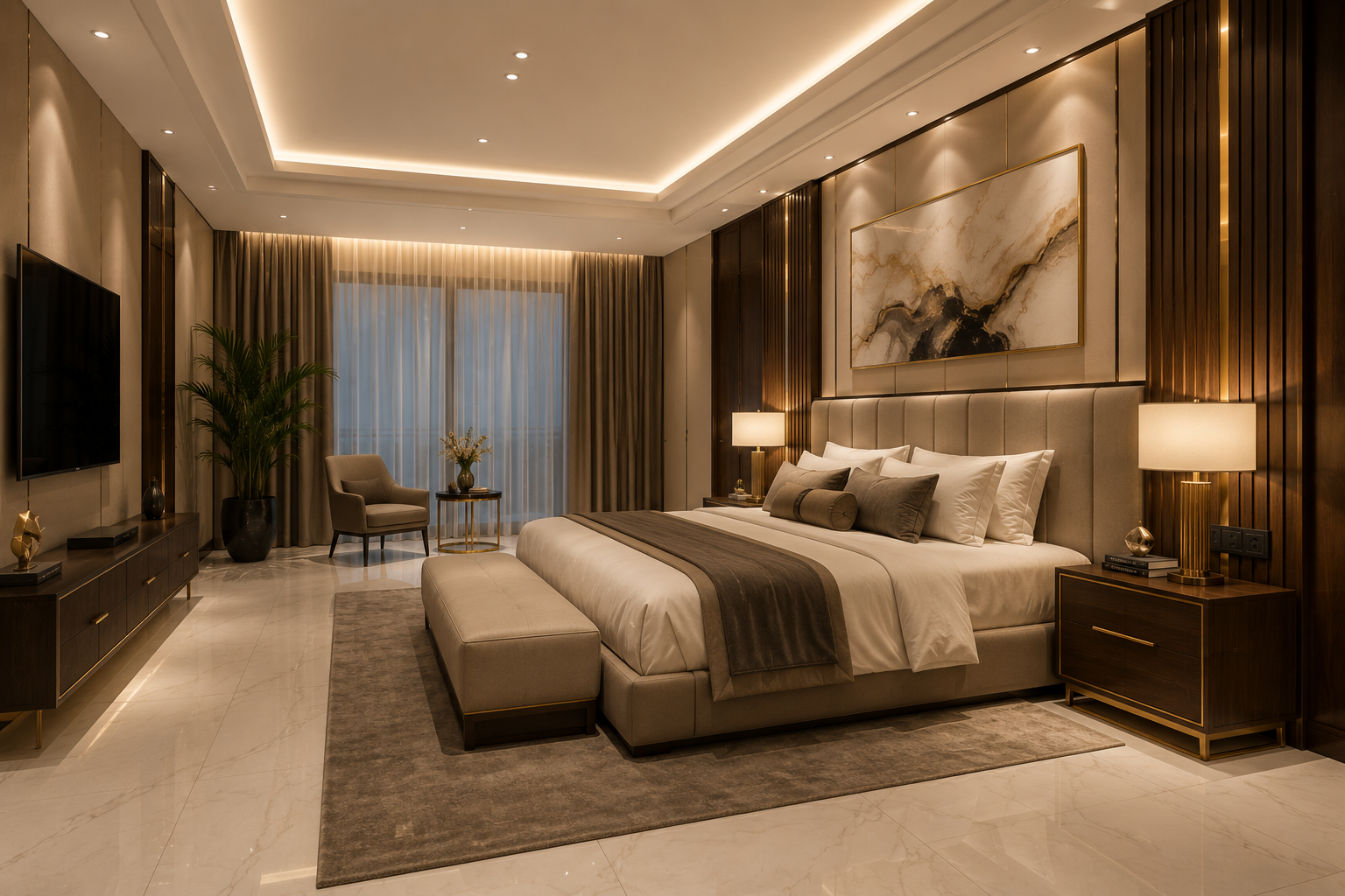 Elegant living room with sheer curtains, beige sectional sofa and wall-mounted TV