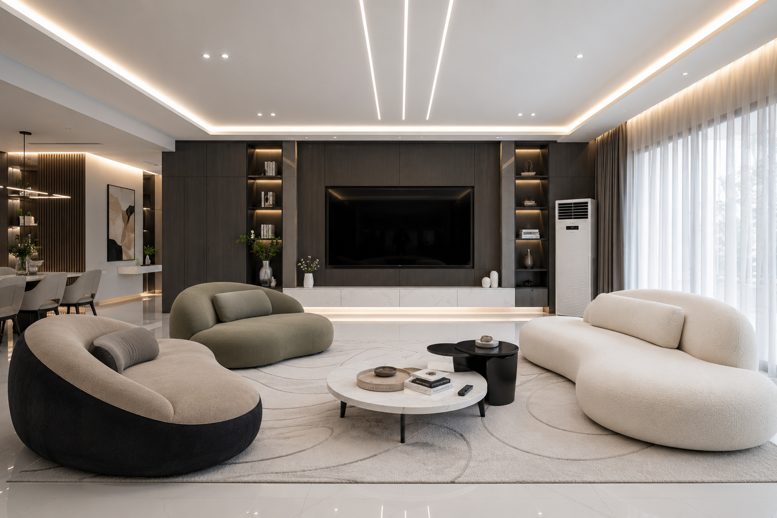Bright open-plan living room with sectional sofa and warm lighting, Project Emerald