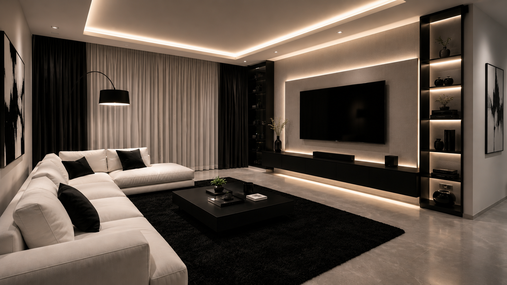 Modern residential living and dining area with statement lighting, Project Alpha