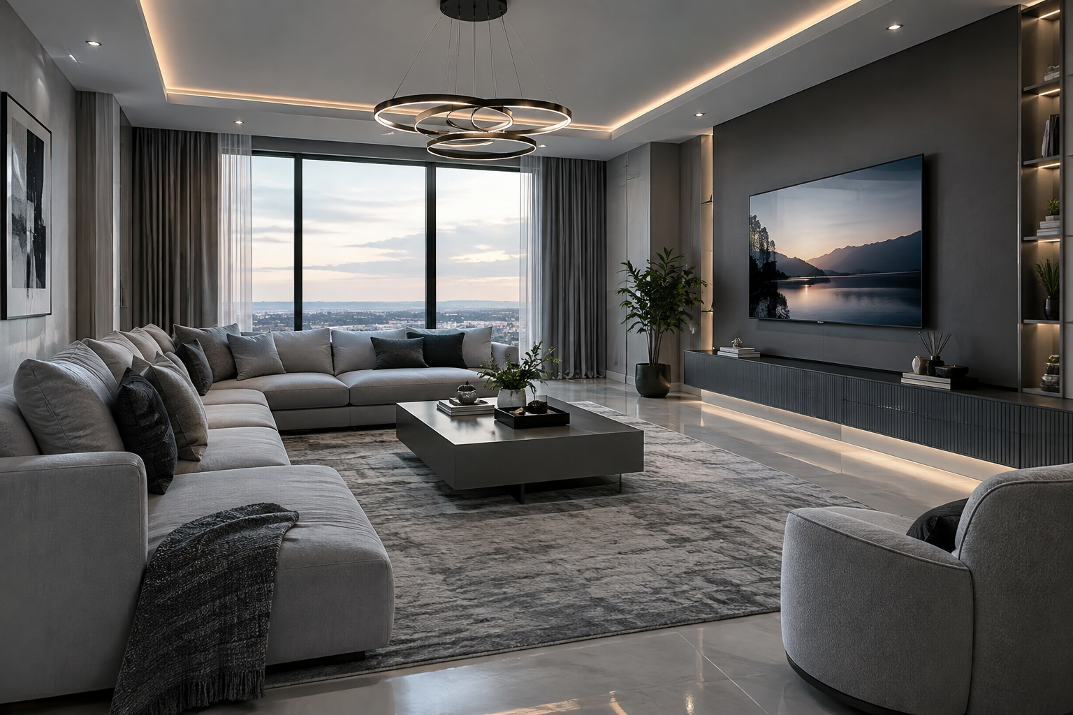 Cosy sectional sofa lounge with statement lighting and TV wall, Project Pearl