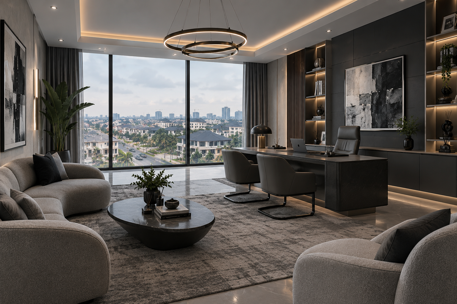 Cosy sectional sofa lounge with statement lighting and TV wall, Project Pearl